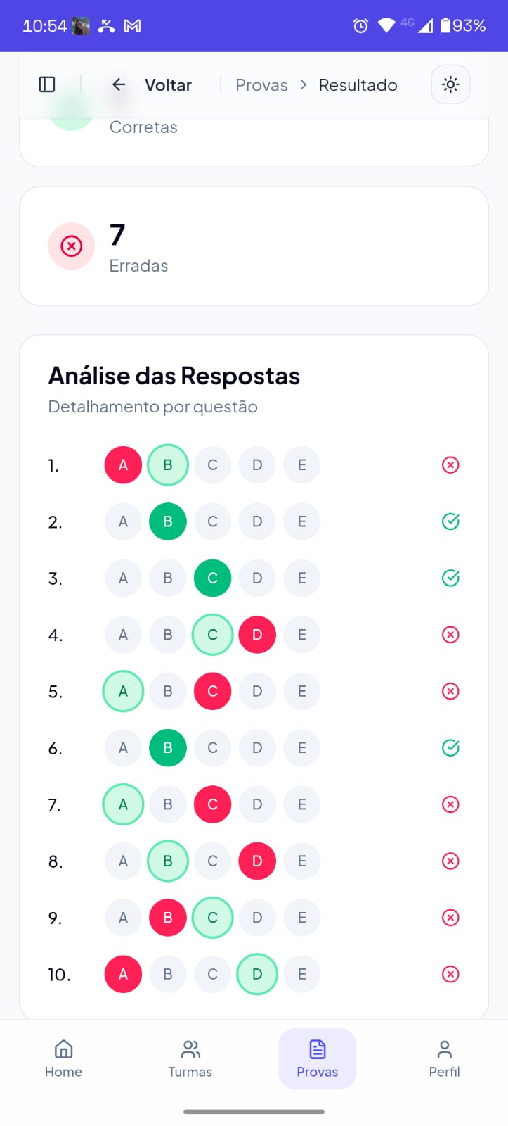Tela de revisão com IA mostrando análise de respostas no Grades.ia.