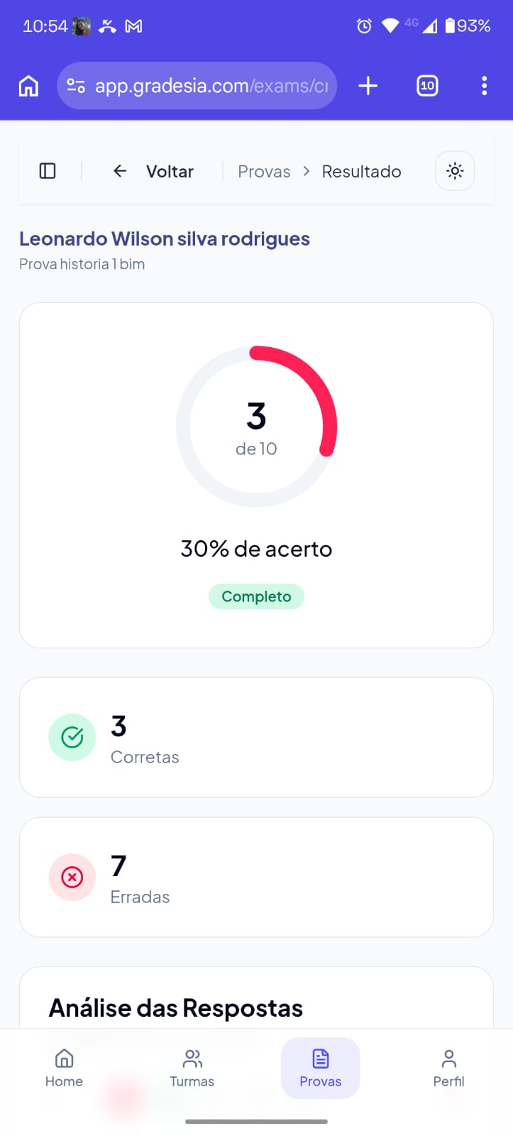 Tela de analytics do Grades.ia com média de acertos e visão por questão.
