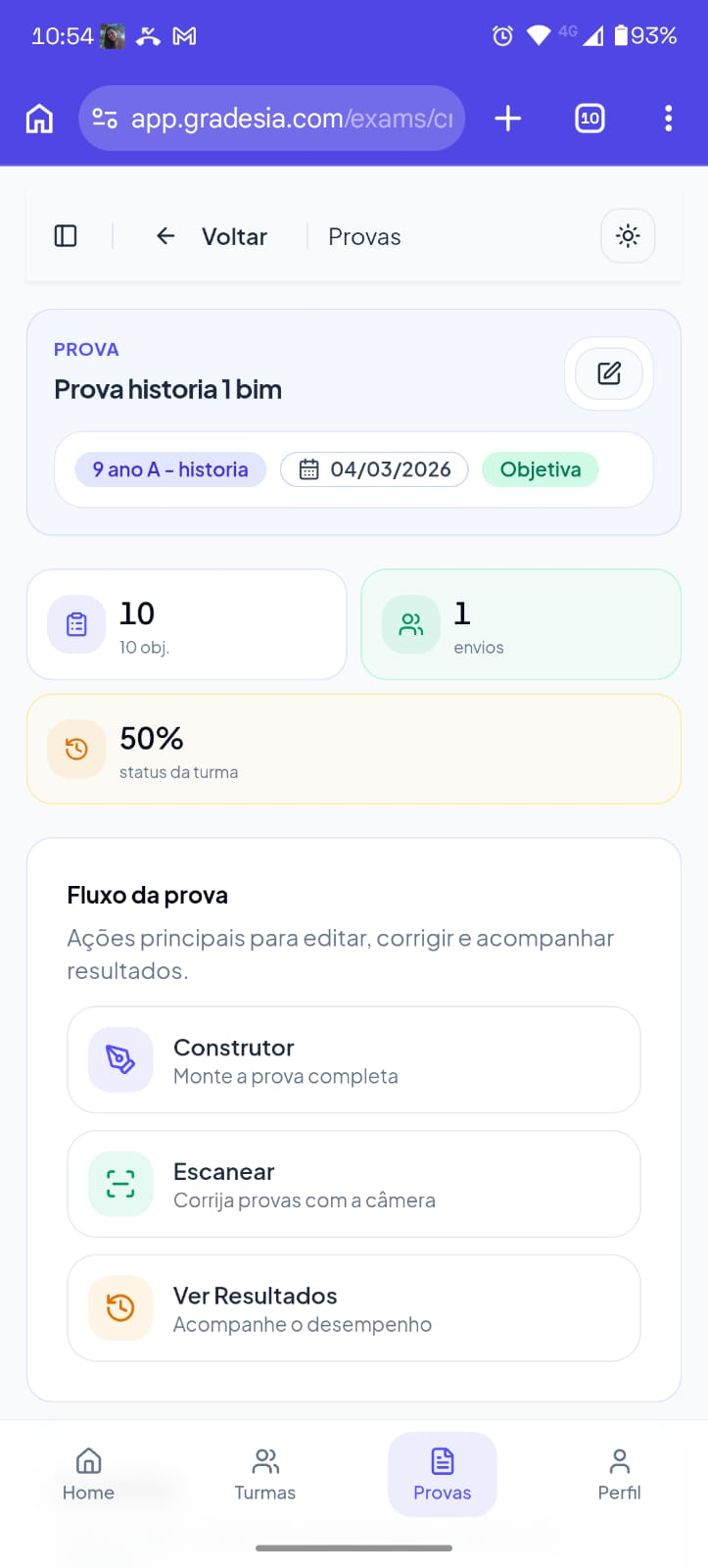 Tela principal do app Grades.ia com lista de provas e ações rápidas.