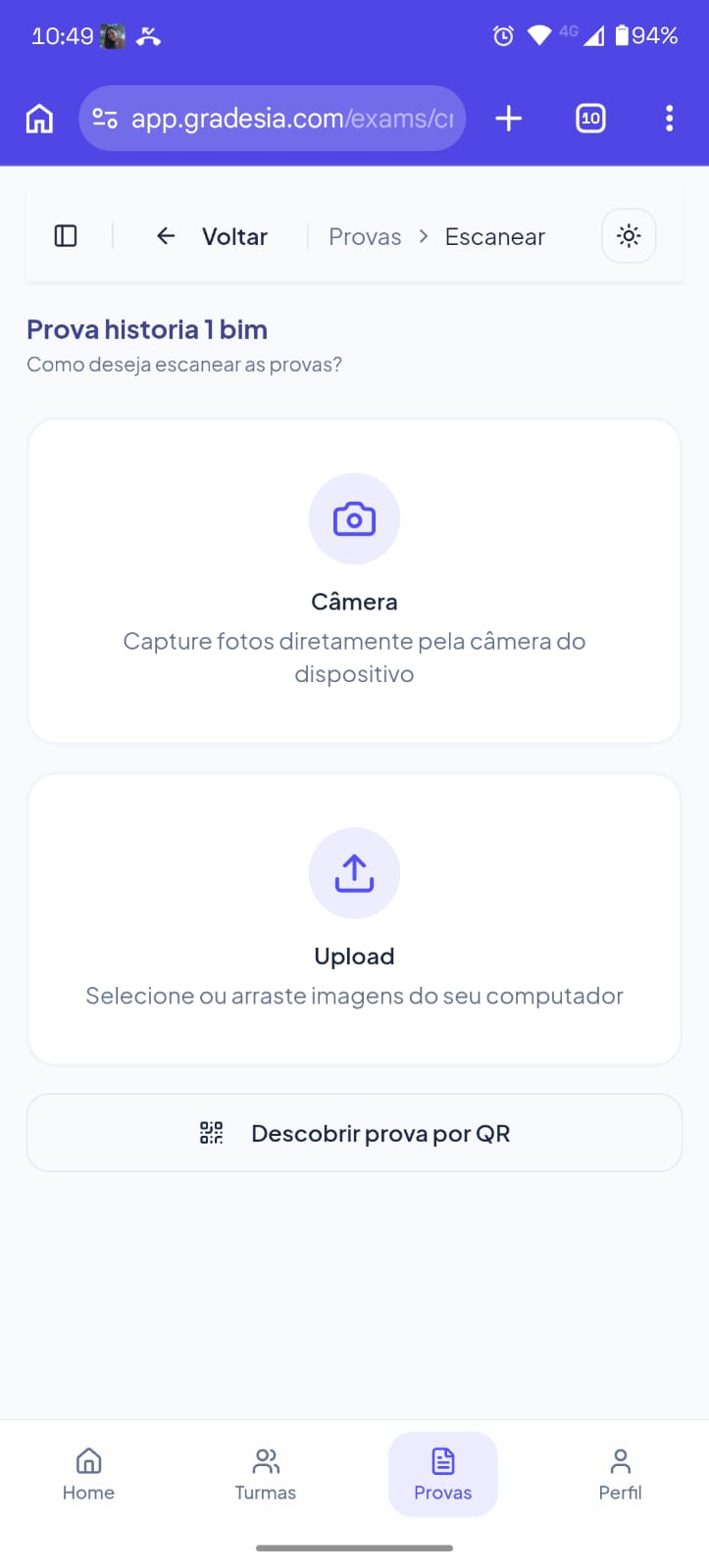 Tela do app Grades.ia preparando o escaneamento de uma prova.