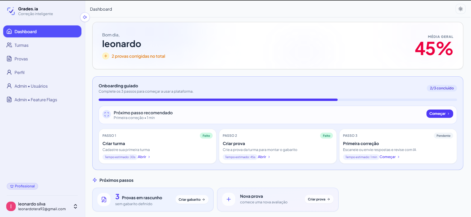 Painel web do Grades.ia com dashboard de desempenho, turmas e provas.